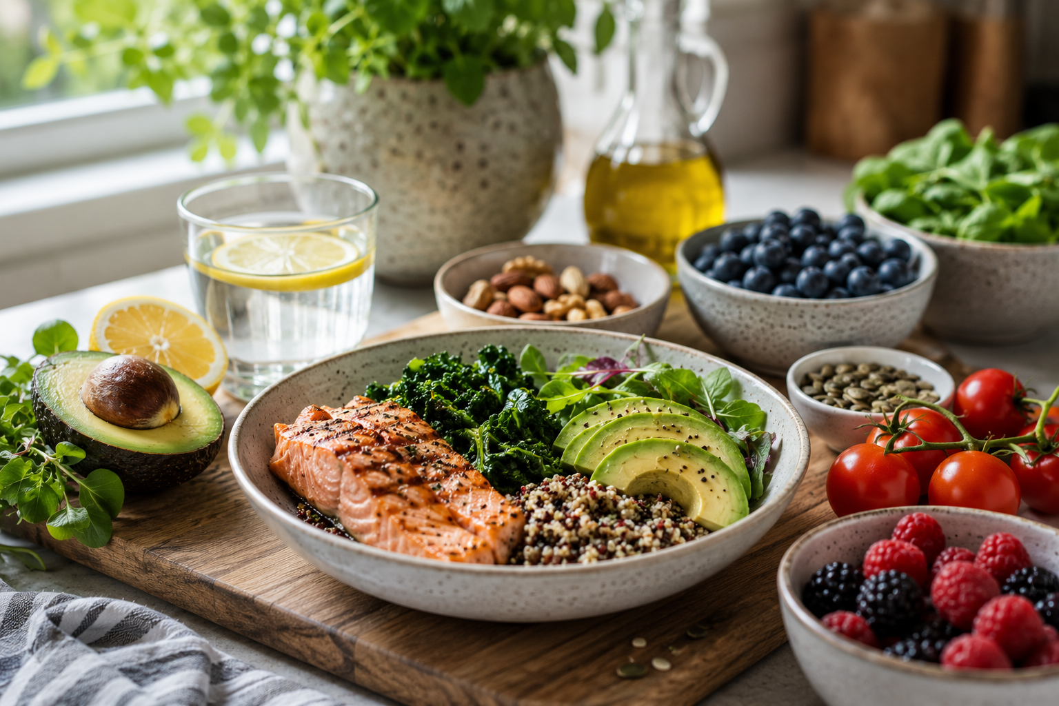 A bowl of salmon, kale, quinoa and avocado on a wooden board, surrounded by fresh produce.