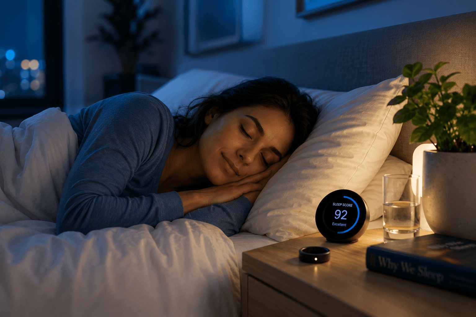 A woman sleeping in bed at night, with a small bedside display and a sleep-tracking ring on the nightstand.