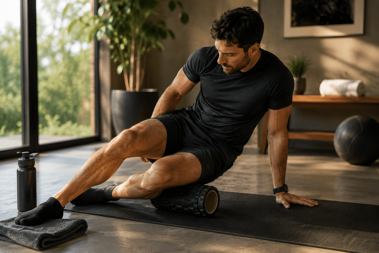 A man using a foam roller on his leg after training, on a mat in a home gym.